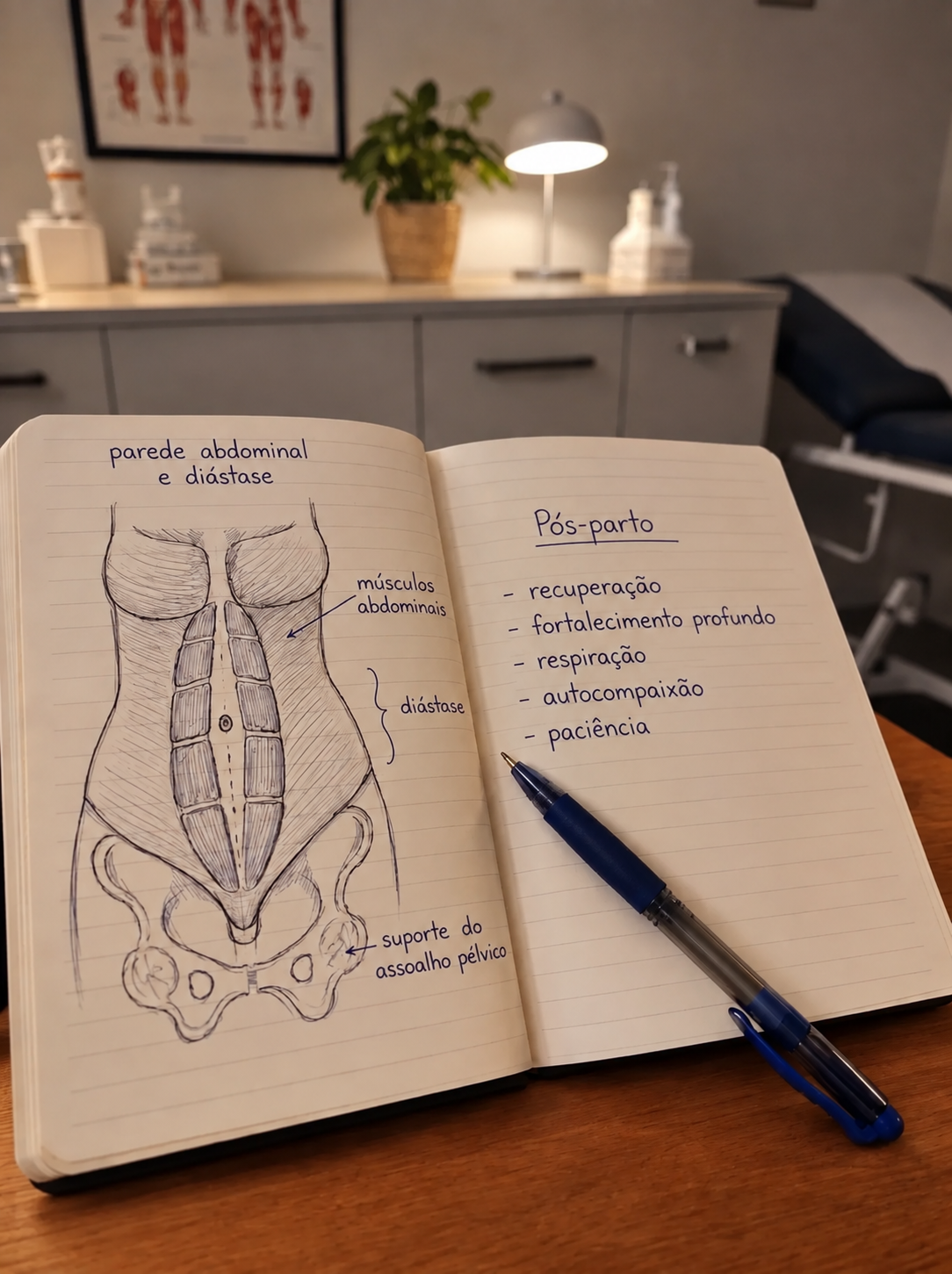 Notebook with a hand-drawn sketch of abdominal separation